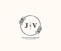 initial JV letters hand drawn feminine and floral botanical logo suitable for spa salon skin hair beauty boutique and cosmetic company. vector