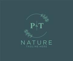 initial PT letters Botanical feminine logo template floral, editable premade monoline logo suitable, Luxury feminine wedding branding, corporate. vector