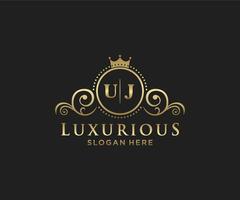 Initial UJ Letter Royal Luxury Logo template in vector art for Restaurant, Royalty, Boutique, Cafe, Hotel, Heraldic, Jewelry, Fashion and other vector illustration.