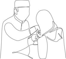 Continuous one line drawing people shaking hands with each other.  Eid al-Fitr concept. Single line draw design vector graphic illustration.