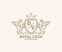 Initial DV Letter Lion Royal Luxury Heraldic,Crest Logo template in vector art for Restaurant, Royalty, Boutique, Cafe, Hotel, Heraldic, Jewelry, Fashion and other vector illustration.