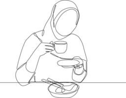 Continuous one line drawing Muslim woman eating breakfast. Concept of home health care activities. Single line draw design vector graphic illustration.