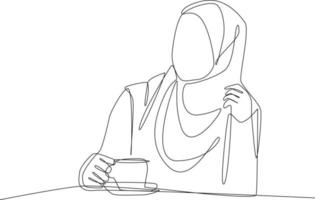 Continuous one line drawing Muslim woman drinking a cup of tea. Concept of home health care activities. Single line draw design vector graphic illustration.