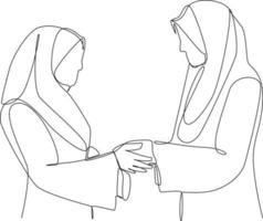 Continuous one line drawing people shaking hands with each other.  Eid al-Fitr concept. Single line draw design vector graphic illustration.