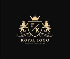 Initial FK Letter Lion Royal Luxury Heraldic,Crest Logo template in vector art for Restaurant, Royalty, Boutique, Cafe, Hotel, Heraldic, Jewelry, Fashion and other vector illustration.