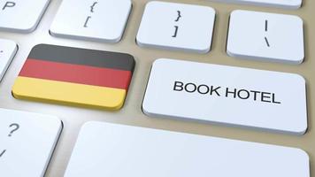 Buch Hotel im Deutschland mit Webseite online. Taste auf Computer Klaviatur. Reise Konzept 3d Animation. Buch Hotel Text und National Flagge