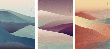 Japanese background with line wave pattern vector. Abstract template with landscape pattern. Mountain and ocean decorative in oriental style. vector