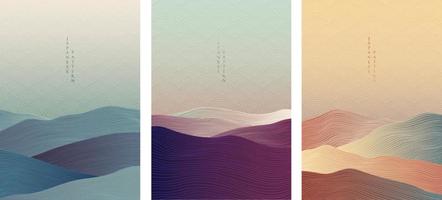 Japanese background with line wave pattern vector. Abstract template with geometric pattern. Mountain landscape and ocean object in oriental style. vector