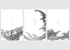 Japanese background with hand drawn wave vector. Abstract black texture template with ocean sea elements in vintage style.