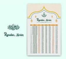 Ramadan time calendar 2023 With Prayer times in Ramadan. Ramadan Schedule - Fasting, Iftar, and Prayer timetable. Islamic background design with mosque and lamp. vector