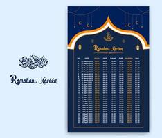 Ramadán hora calendario 2023 con oración veces en Ramadán. Ramadán calendario - ayuno, iftar, y oración calendario. islámico antecedentes diseño con mezquita y lámpara. vector