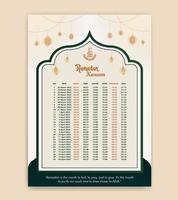 Ramadán calandrar 2023 con oración veces en Ramadán. Ramadán calendario - ayuno, iftar, y oración calendario. islámico antecedentes diseño con mezquita y lámpara. vector