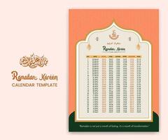 Ramadán calandrar 2023 con oración veces en Ramadán. Ramadán calendario - ayuno, iftar, y oración calendario. islámico antecedentes diseño con mezquita y lámpara. vector