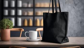 , Realistic black tote canvas fabric bag set-up in at home interior, mug mock up blank. photo