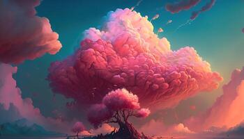 , Pink magenta fantastic clouds, sky and landscape. Gentle colors and with bright lights photo