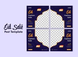 Eid fashion sale banner and social media post Template, Ramadan Kareem theme Sale square flyer and banner. Big sale bundle Eid ads post, Greeting card Islamic background design with Lantern, Half Moon vector