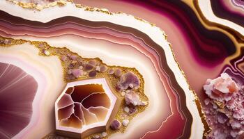 , natural volcanic agate stones close-up pink magenta and golden texture. Wallpaper background, quartz marble, decorative rock pattern photo