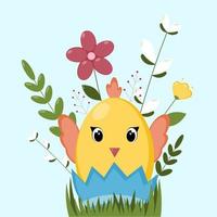 Easter chicken with egg and flowers. Happy Easter greeting card. vector