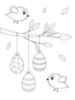 Easter card with birds and tree. Coloring page for children. Black and white greeting card. vector