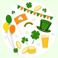 Set of elements for the holiday of St. Patricks Day. St Patricks Day Traditions. Hat, beer, shamrock, balloons, ribbon, flag, four leaf clover. vector