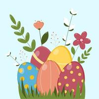 Easter background with eggs and flowers. Easter greeting card. vector