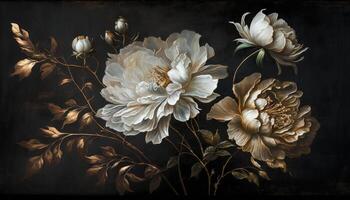 , Close up of blooming flowerbeds of amazing white and golden flowers on dark moody floral textured background. Photorealistic effect. photo