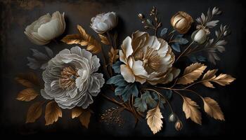 , Close up of blooming flowerbeds of amazing white and golden flowers on dark moody floral textured background. Photorealistic effect. photo