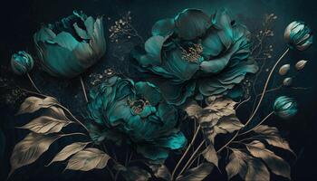 , Close up of blooming flowerbeds of amazing teal flowers on dark moody floral textured background. Photorealistic effect. photo