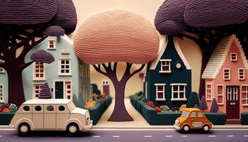 , cute street made of crochet, houses, trees, road, cars. Soft colors, dreamy scene cityscape made of crochet materials, wool, fabric, yarn, sewing for background photo