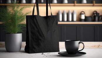 , Realistic black tote canvas fabric bag set-up in at home interior, mug mock up blank. photo