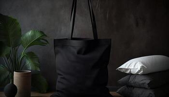 , Realistic black tote canvas fabric bag set-up in at home interior, mug mock up blank. photo