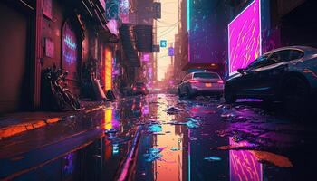 , Night scene of after rain city in cyberpunk style, futuristic nostalgic 80s, 90s. Neon lights vibrant colors, photorealistic horizontal illustration. photo