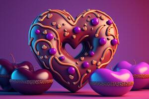 , Chocolate donut in heart shape with little hearts pastries on magenta color. Sweet food advertising banner. 3D effect, St. Valentine's romantic bakery concept, modern illustration. photo
