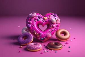 , Pink donut in heart shape with little hearts pastries on magenta color. Sweet food advertising banner. 3D effect, St. Valentine's romantic bakery concept, modern illustration. photo