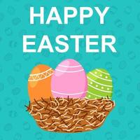 Happy Easter Card with Nest with Eggs on Blue Pattern of Eggs vector