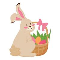 Cute Easter Bunny with a Basket Full of Eggs Isolated on White. Easter Egg Hunt vector