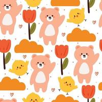 flor y oso de dibujos animados de patrones sin fisuras. linda ilustración de papel tapiz animal para papel de regalo vector