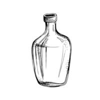 Open glass bottle. Isolated object drawn by hand in graphic technique. Vector illustration for decoration and design.