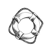 Lifebuoy with rope. Isolated object drawn by hand in graphic technique. Vector illustration for beach, summer, nautical decoration and design.