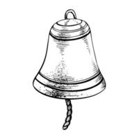 Ship's bell with a rope. Isolated object drawn by hand in graphic technique. Vector illustration for beach, summer, nautical decoration and design.