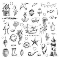 Nautical set with ship, lighthouse, underwater animals and various elements. Black and white hand-drawn illustration in graphic technique. Isolated, vector objects. in EPS format. For design.