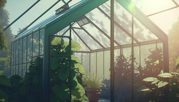 , Green house from the glass, tent-glass garden with a lot of plants. Photorealistic effect. photo