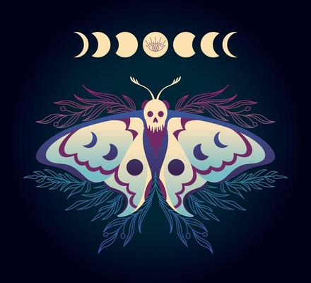 Illustration with hawk moth with phases of the moon