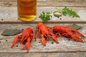 Crawfish and beer on the old wooden background. photo