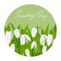 Snowdrop Day card, round frme isolated on white background. vector