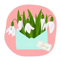 Snowdrop Day card, snowdrops in a blue envelope. Spring time vector