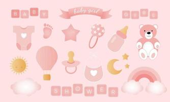 Baby shower set on pink background. It s a girl. vector