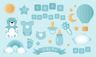 Baby shower set on blue background. It s a boy. vector