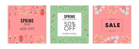 Spring Sale square templates with blossom flowers on pink and green Background. vector