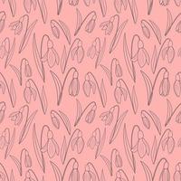 Vector seamless pattern with snowdrop flowers on a pink background.